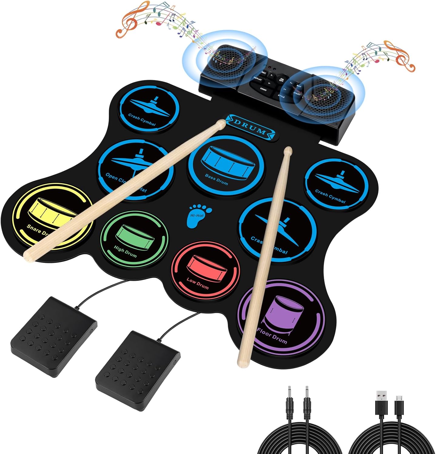 Electronic Drum Set, Marrilley 9 Drum Practice Pad with Headphone Jack, Roll-up Drum Pad Machine Built-in Speaker Drum Pedals Drum Sticks 10 Hours Playtime, Great Holiday Xmas Birthday Gift for Kids