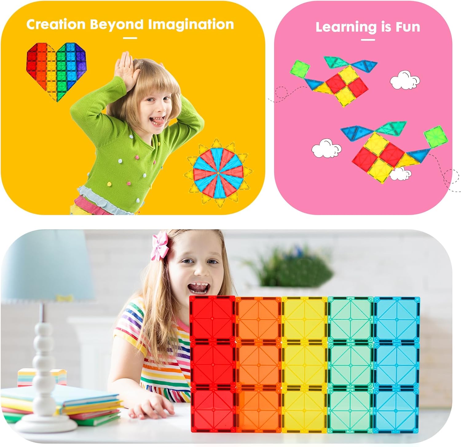 Gemmicc Magnetic Tiles 100 PCS with 2 Cars, STEM Approved Educational Magnet BuildingToys, Magnet Puzzles Stacking Blocks for Boys Girls