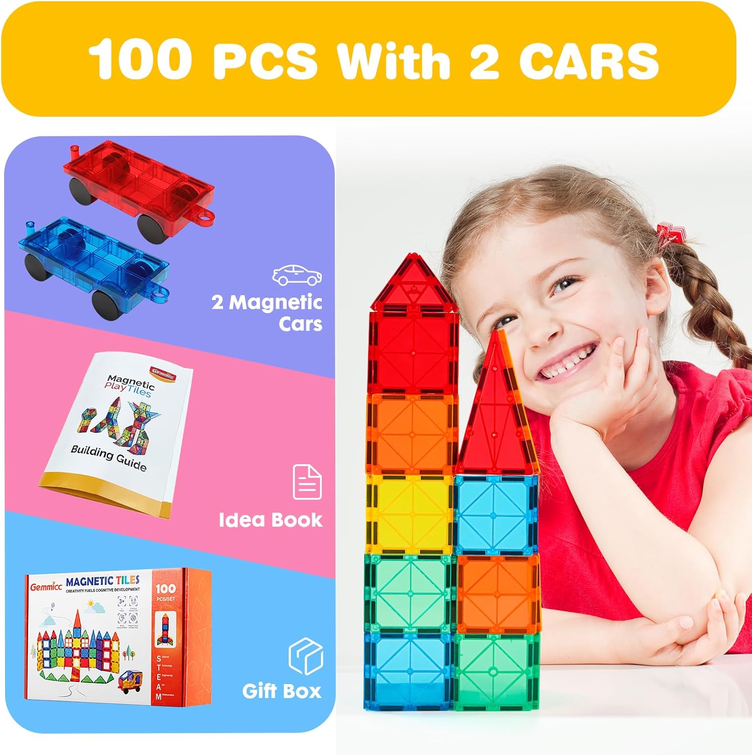 Gemmicc Magnetic Tiles 100 PCS with 2 Cars, STEM Approved Educational Magnet BuildingToys, Magnet Puzzles Stacking Blocks for Boys Girls