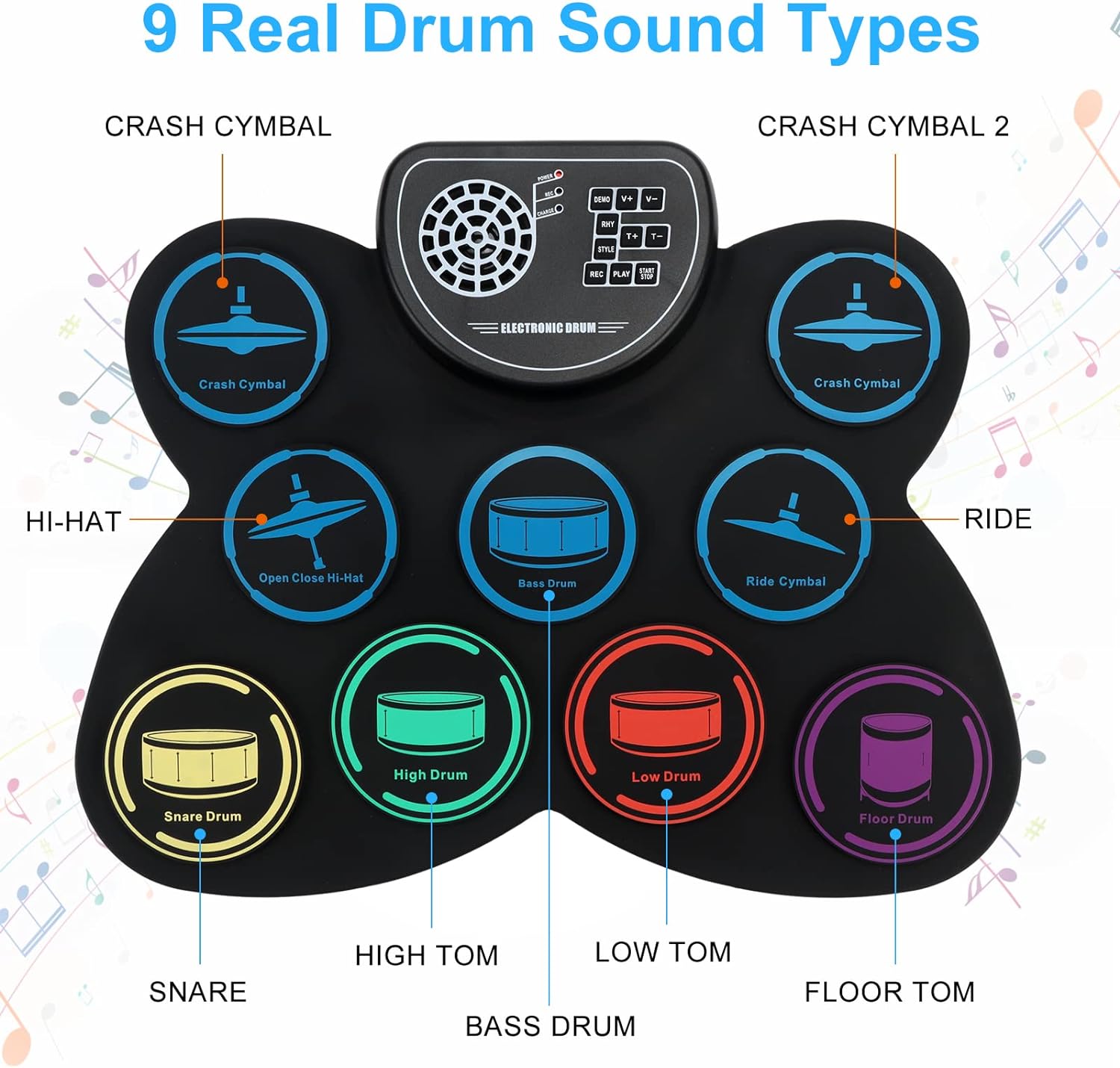 Electronic Drum Set, Marrilley 9 Drum Practice Pad with Headphone Jack, Roll-up Drum Pad Machine Built-in Speaker Drum Pedals Drum Sticks 10 Hours Playtime, Great Holiday Xmas Birthday Gift for Kids