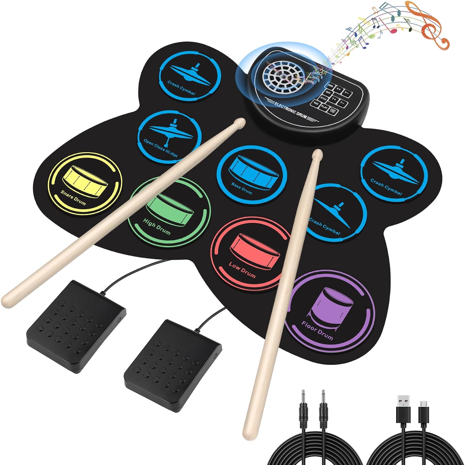 Electronic Drum Set, Marrilley 9 Drum Practice Pad with Headphone Jack, Roll-up Drum Pad Machine Built-in Speaker Drum Pedals Drum Sticks 10 Hours Playtime, Great Holiday Xmas Birthday Gift for Kids