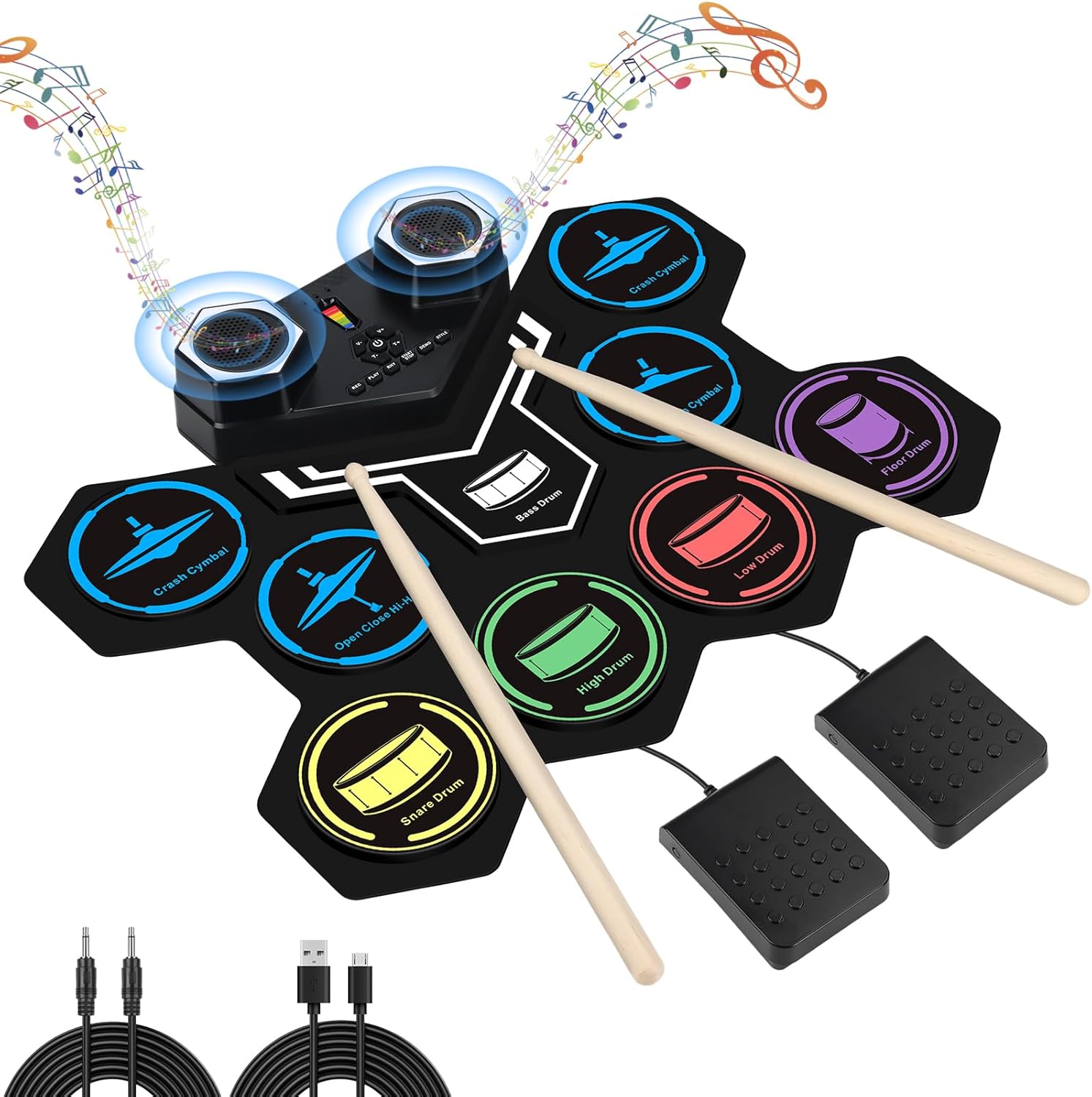 Electronic Drum Set, Marrilley 9 Drum Practice Pad with Headphone Jack, Roll-up Drum Pad Machine Built-in Speaker Drum Pedals Drum Sticks 10 Hours Playtime, Great Holiday Xmas Birthday Gift for Kids