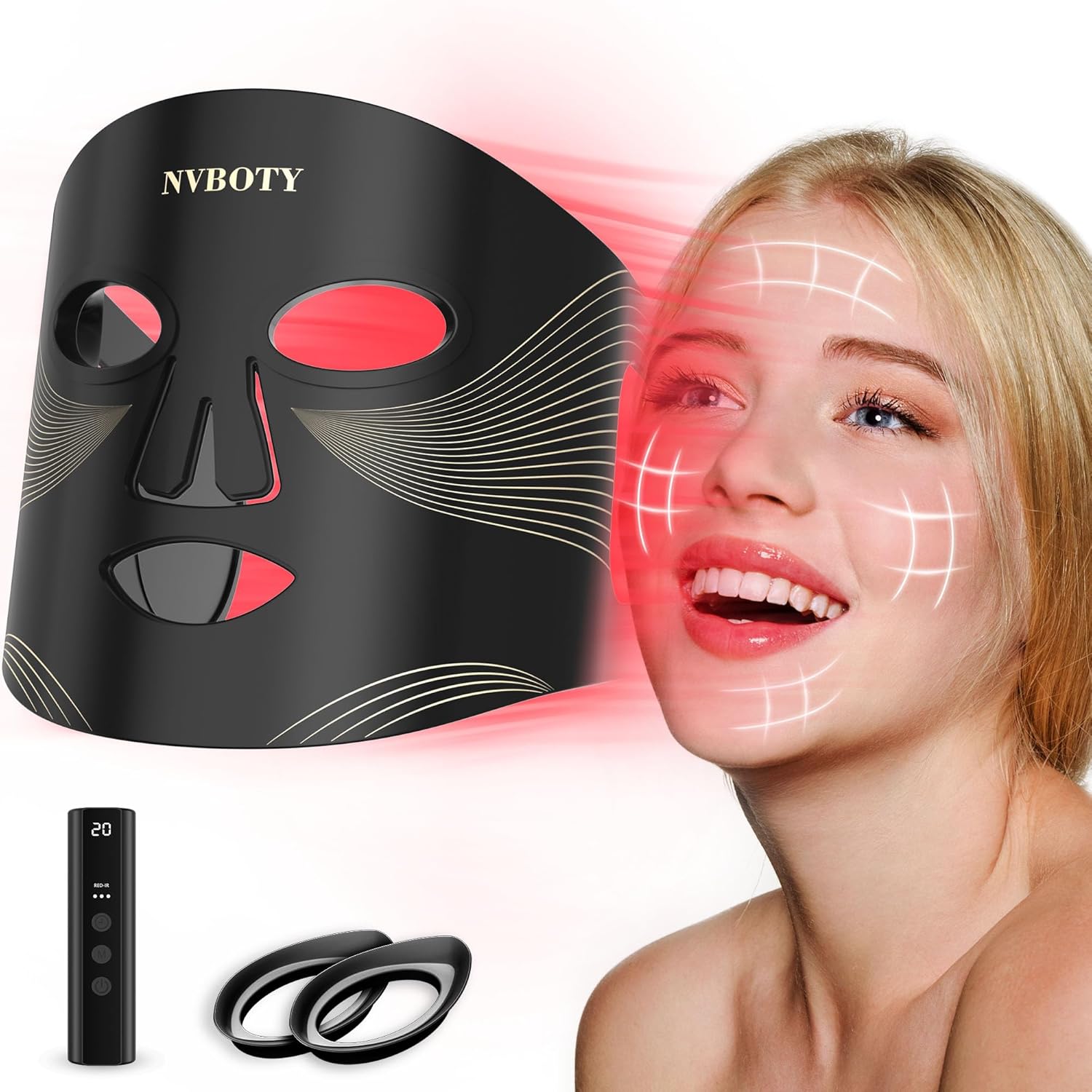 LED Face Mask Light Therapy, 4 Modes Portable Red Light Therapy for Face with 2000mAh Rechargeable Remote, Blue, Orange, 850NM Infrared & Red Light Mask, 400 LEDs for Anti-Aging, at Home