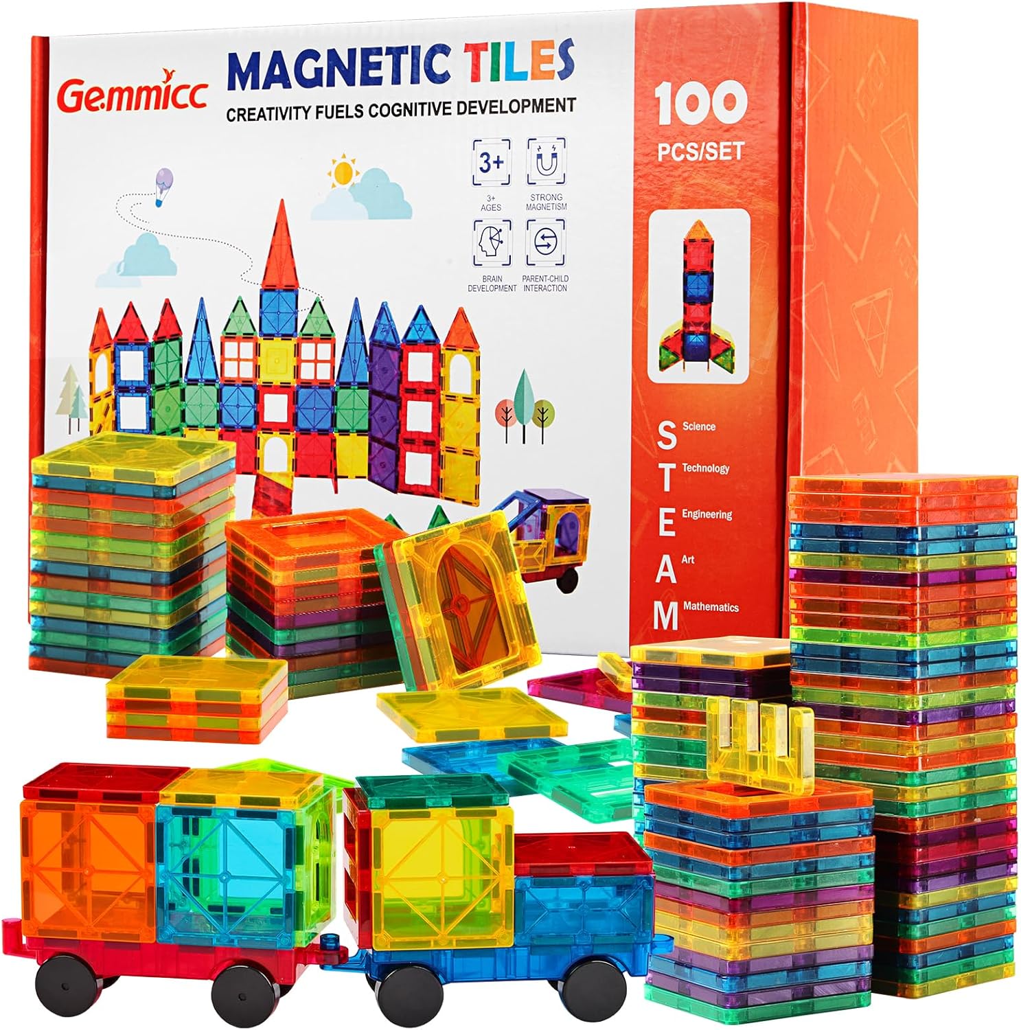 Gemmicc Magnetic Tiles 100 PCS with 2 Cars, STEM Approved Educational Magnet BuildingToys, Magnet Puzzles Stacking Blocks for Boys Girls