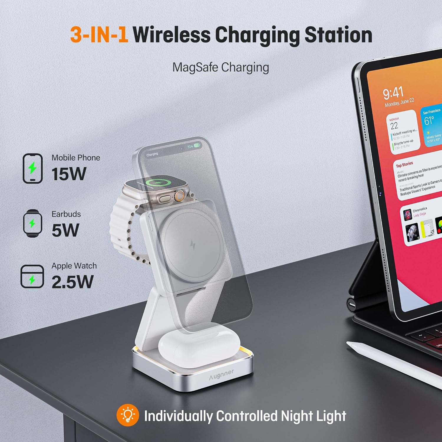 【2025 Upgraded】 Wireless Charger 3 in 1, Foldable Wireless Charging Station with Light for Apple MagSafe Charger, Travel Magnetic Charger for iPhone 16/15/14/13/12 Apple Watch AirPods (20W Adapter)