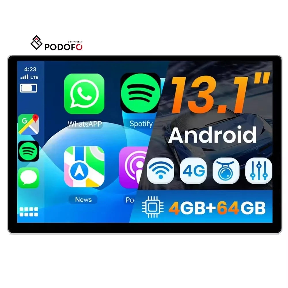 Podofo 13.1'' 2K IPS Large Screen 8-Core 4+64GB Android Car Stereo CarPlay Car Radio With 4G Modem Android Auto WiFi GPS DSP RDS