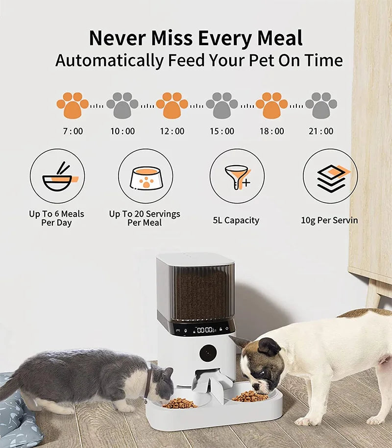 Smart Automatic Cat Feeders with Camera,1080P HD Night Vision 2.4G WiFi 5L Pet Feeder,Height Adjustable Dog Dry Food Dispenser