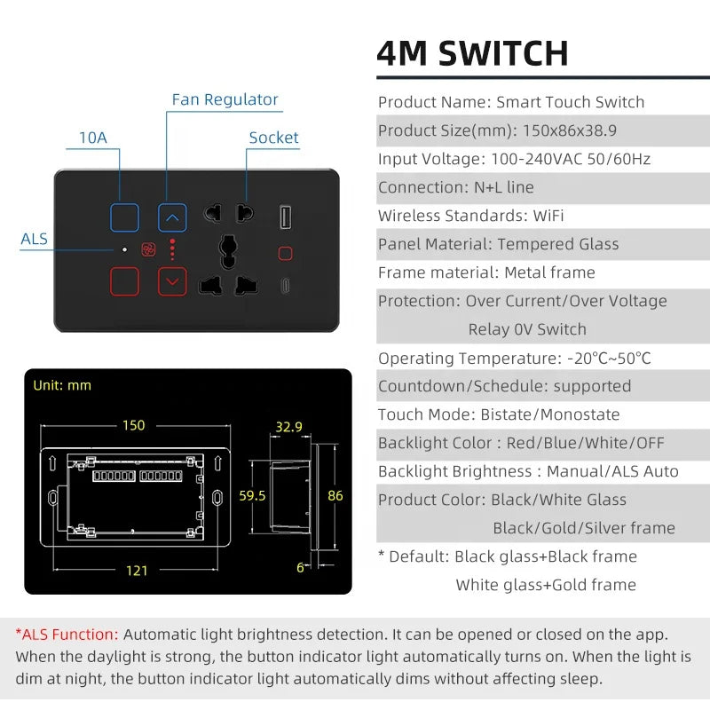 Universal Socket and Switch 4 5 6 8gang Touch Wall Light Switch WiFi Dimmer Switch Tuya Smart Fan Controller