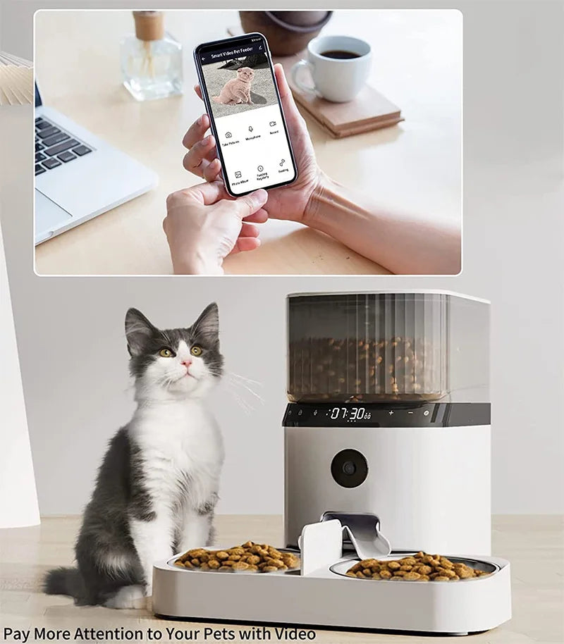 Smart Automatic Cat Feeders with Camera,1080P HD Night Vision 2.4G WiFi 5L Pet Feeder,Height Adjustable Dog Dry Food Dispenser